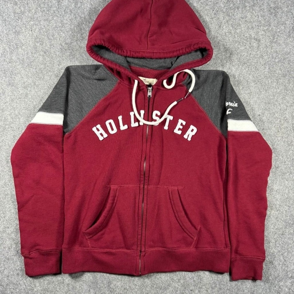Hollister Womens Full Zip Hoodie Burgundy Grey Colorblock Logo Fleece Large